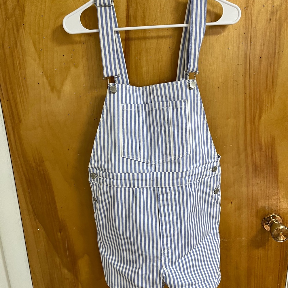 Blue and White Striped Overall Shorts